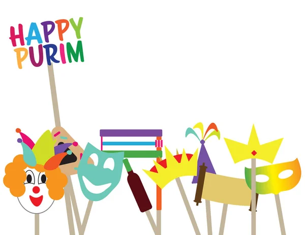 Баннер Happy Purim Элементами Purim Белом Фоне — стоковый вектор