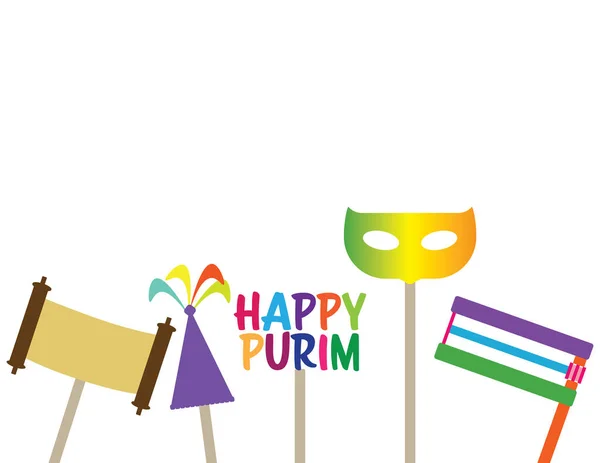 Счастливый Баннер Purim Приветствием Гроггером Маской Свитком Торы Шляпой Белом — стоковый вектор