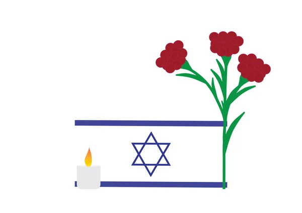 イスラエル記念バナーの日のデザイン イスラエルの旗 白い背景には 記念ろうそくと大きな赤い緑のダムハマカム マカビーの血 — ストックベクタ