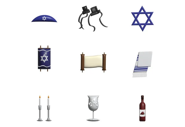 Jewish Symbols Set Kippah Tefillin Star David Torah Scroll Tallit — Stock Photo, Image