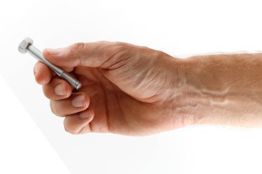 Metal bolt fastener in hand isolate