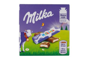 LVIV, UKRAINE - August 27, 2021: Milka Milkinis chocolate in a wrapper