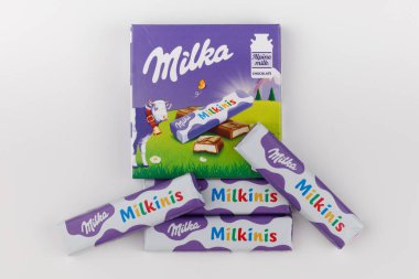 LVIV, UKRAINE - August 27, 2021: Milka Milkinis chocolate in a wrapper