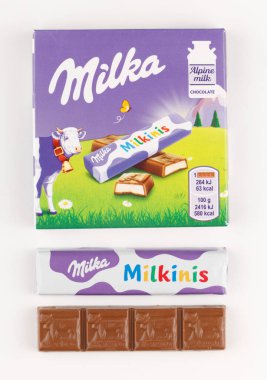 LVIV, UKRAINE - August 27, 2021: Milka Milkinis chocolate in a wrapper