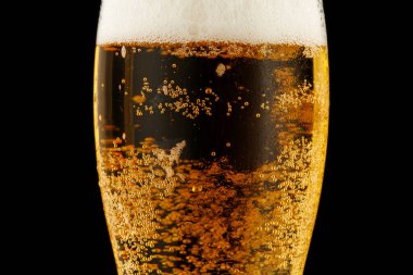 Light yellow beer with foam in a glass black background