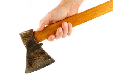 Hand holds ax isolate close-up