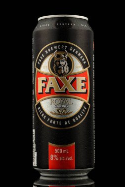 LVIV, UKRAINE - October 13, 2021: Faxe Danish strong beer in a tin can