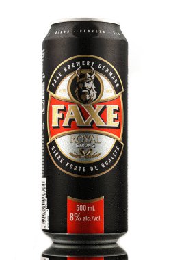 LVIV, UKRAINE - October 13, 2021: Faxe Danish strong beer in a tin can