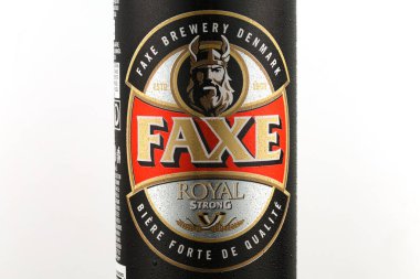 LVIV, UKRAINE - October 13, 2021: Faxe Danish strong beer in a tin can