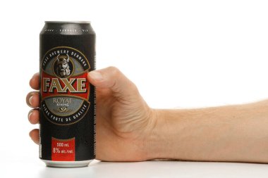 LVIV, UKRAINE - October 13, 2021: Faxe Danish strong beer in a tin can