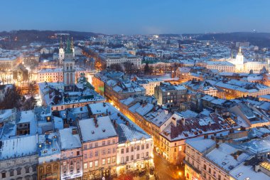 LVIV, UKRAINE - December 26, 2021: Night Lviv. Winter city of Lviv.