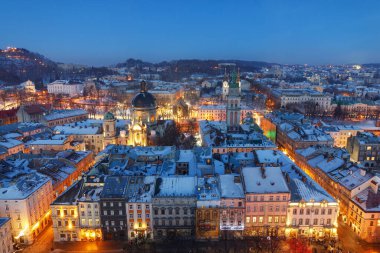 LVIV, UKRAINE - December 26, 2021: Night Lviv. Winter city of Lviv.