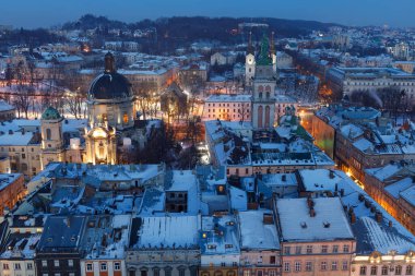 LVIV, UKRAINE - December 26, 2021: Night Lviv. Winter city of Lviv.