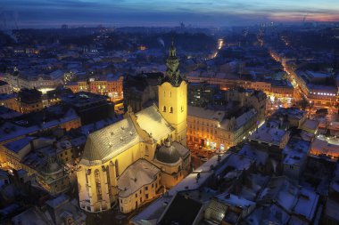 LVIV, UKRAINE - December 26, 2021: Latin Cathedral at night