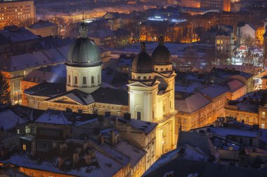 LVIV, UKRAINE - December 26, 2021: Night Lviv. Winter city of Lviv.