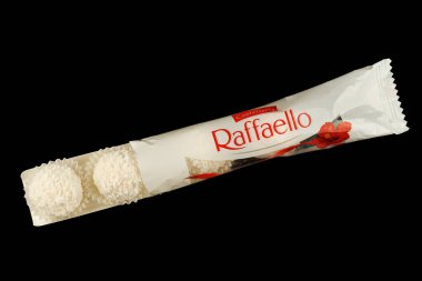 LVIV, UKRAINE - January 02, 2022: Raffaello sweets with coconut flakes