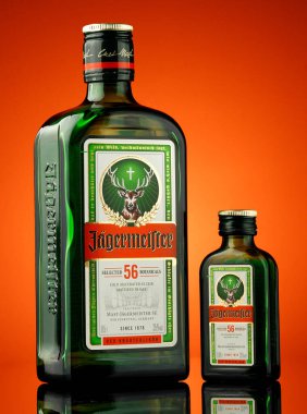 LVIV, UKRAINE - February 02, 2022: jagermeister liqueur empty bottles
