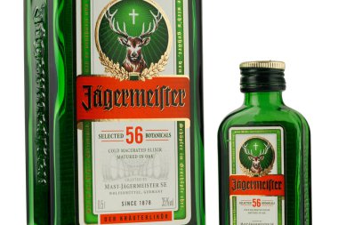 LVIV, UKRAINE - February 02, 2022: jagermeister liqueur empty bottles