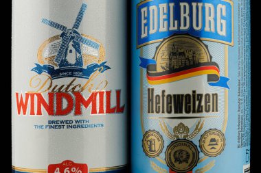 LVIV, UKRAINE - February 02, 2022: German and English beer in cans