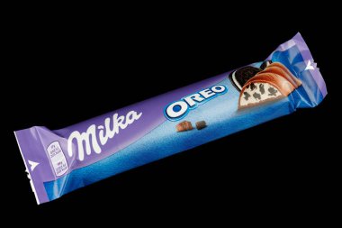 LVIV, UKRAINE - February 17, 2022: Milka Oreo chocolate bar