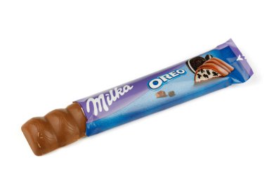 LVIV, UKRAINE - February 17, 2022: Milka Oreo chocolate bar