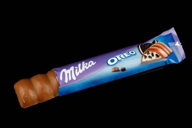 LVIV, UKRAINE - February 17, 2022: Milka Oreo chocolate bar