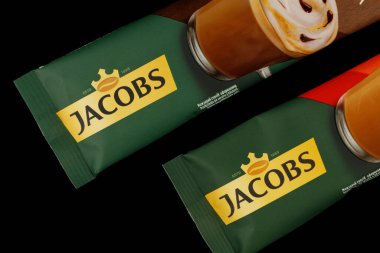 LVIV, UKRAINE - February 17, 2022: Jacobs instant coffee in stickers