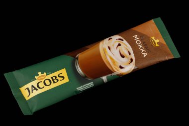 LVIV, UKRAINE - February 17, 2022: Jacobs Mokka instant coffee in stickers