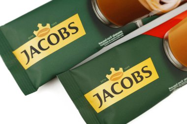 LVIV, UKRAINE - February 17, 2022: Jacobs instant coffee in stickers