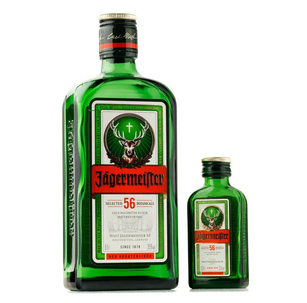 LVIV, UKRAINE - February 02, 2022: jagermeister liqueur empty bottles