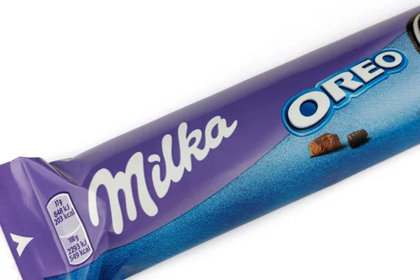 LVIV, UKRAINE - February 17, 2022: Milka Oreo chocolate bar