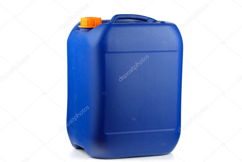 Blue plastic canister close-up isolate