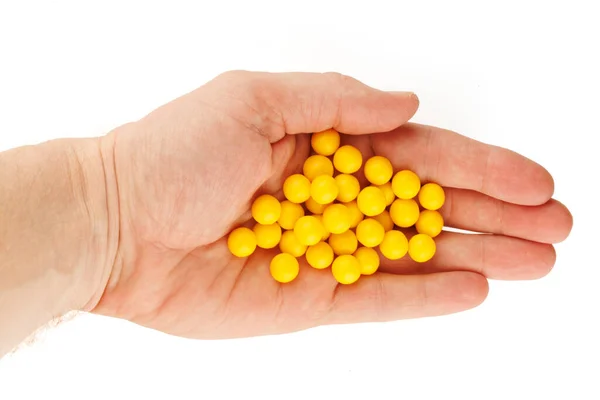 Yellow Vitamins Pills Hand — Zdjęcie stockowe