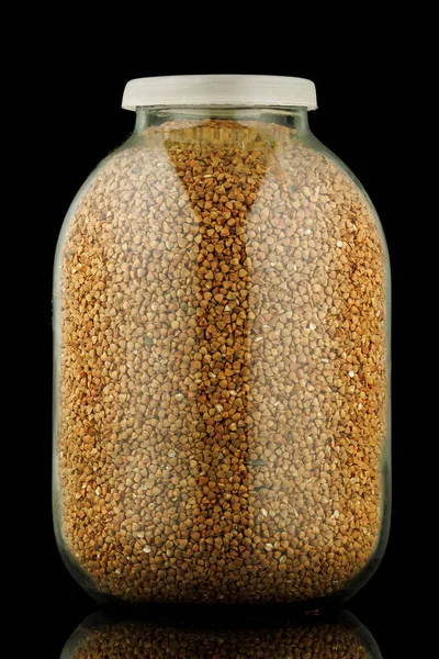 Buckwheat Glass Jar Black Background — Zdjęcie stockowe