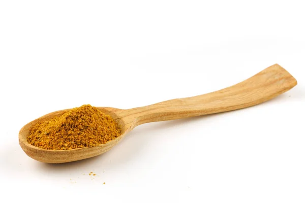 Curry Powder Seasoning Wooden Spoon Isolate — ストック写真