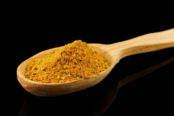 Curry Powder Seasoning Wooden Spoon Black Background — Foto Stock