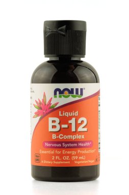 LVIV, UKRAINE - May 29, 2022: Vitamin B12 in a bottle. NOW company
