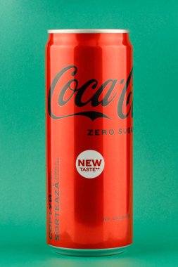 LVIV, UKRAINE - May 29, 2022: Coca cola soft drink in a jar