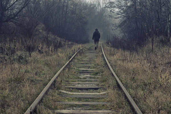 Lone Man Passing Walks Track Fog — Fotografia de Stock