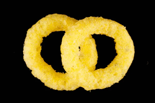 Corn Rings Yellow Snacks Black Background — Stock Photo, Image