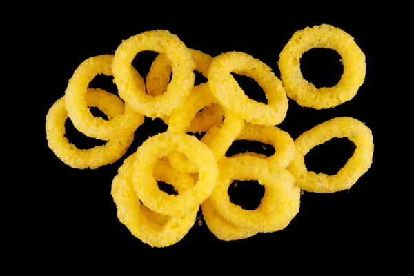 Corn Rings Yellow Snacks Black Background — Fotografia de Stock