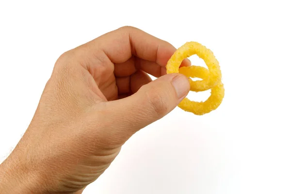 Corn Rings Yellow Snacks Hand Isolate — Fotografia de Stock