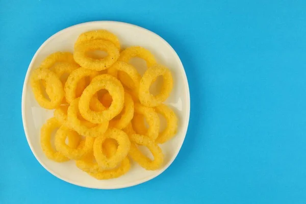 Corn Rings Yellow Snacks Plate — Foto de Stock