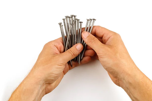 Hands Holding Nails Construction Nails Hand Isolate — Foto Stock