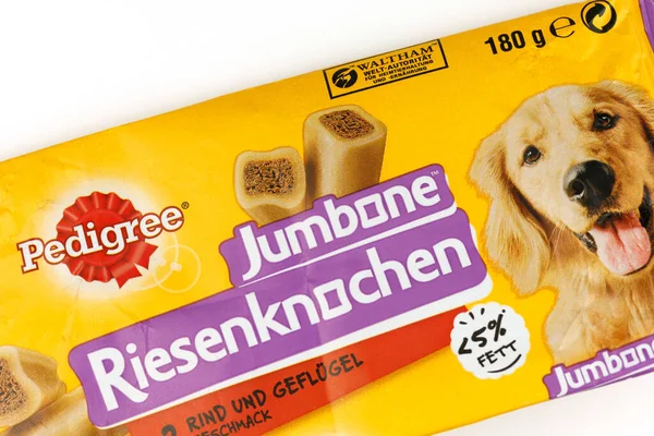 LVIV, UKRAINE - May 29, 2022: Pedigree dog food packaging