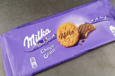 LVIV, UKRAINE - July 20, 2022: Milka chocolate chip cookies