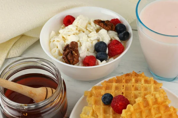 Delicious Food Waffles Honey Homemade Cheese Berries — Stok fotoğraf
