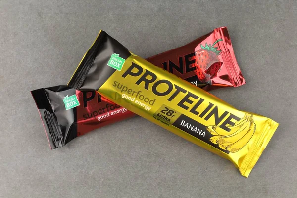 LVIV, UKRAINE - July 20, 2022: Strawberry and banana protein bars