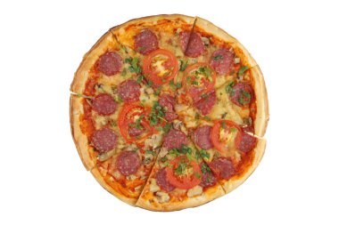 Pizza on white isolate. Pizza with tomato slices and bacon slices with cheese