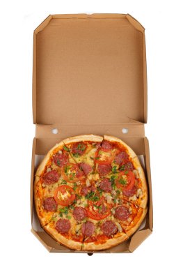 pizza in box open. Pizza in the in delivery box